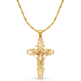 14K Gold Crucifix Charm Pendant with 1.2mm Singapore Chain Necklace