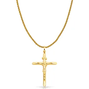 14K Gold Crucifix Charm Pendant with 1.4mm Round Wheat Chain Necklace