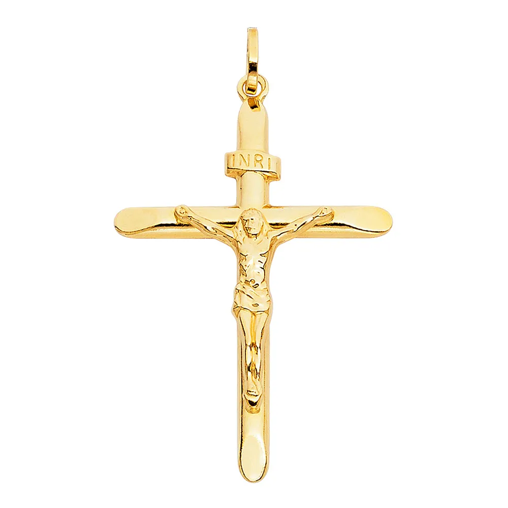 14K Gold Crucifix Charm Pendant with 1.4mm Round Wheat Chain Necklace