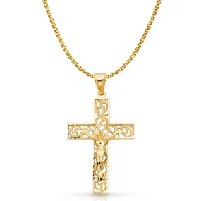 14K Gold Crucifix Charm Pendant with 2mm Flat Open Wheat Chain Necklace