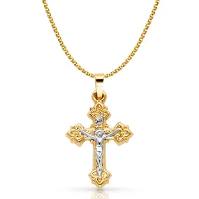 14K Gold Crucifix Pendant with 1.5mm Flat Open Wheat Chain