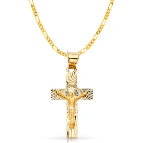 14K Gold Crucifix Stamp Charm Pendant with 3.1mm Figaro 3 1 Chain Necklace