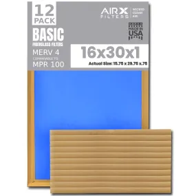 16x30x1 Air Filter Comparable to MPR 100 Basic Economy Furnace Filters, 12 Pack of Non Pleated Fiberglass Filter For Dust - Low Airflow Restriction! From AIRX FILTERS WICKED CLEAN AIR.