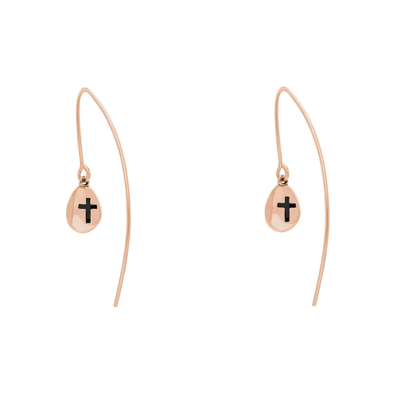 18ct Rose Gold Whitby Jet Cross Disc Drop Earrings