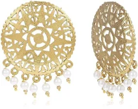 Alloy earring set with white beads hanging | MANATH