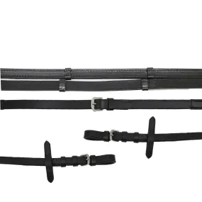 Black Flat Leather Rubber Lined Reins With Stops