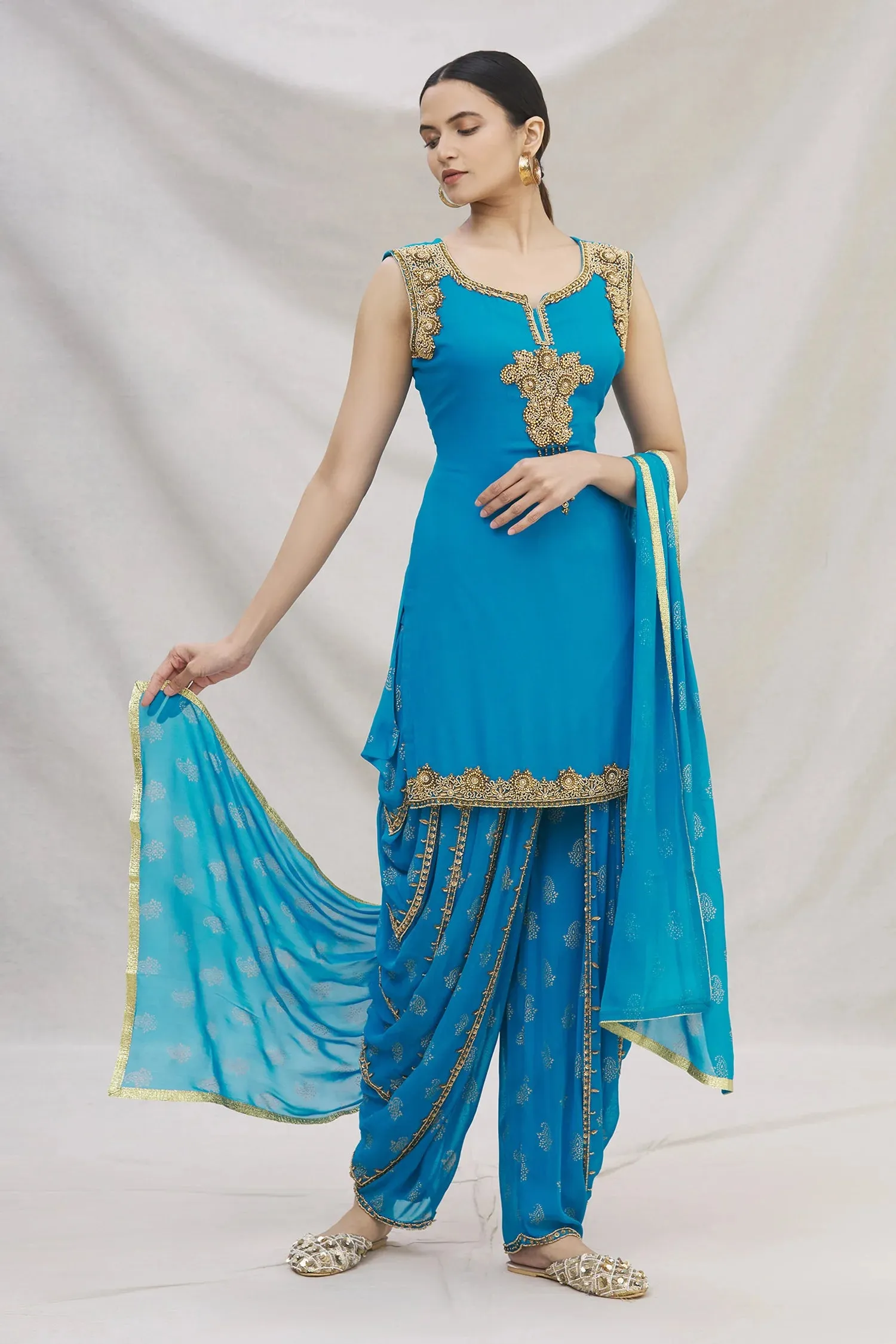 Blue Embroidered Dhoti Suit Set