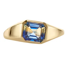 Chunky Asymmetric Statement Ring with OOAK Emerald Cut Parti Sapphire