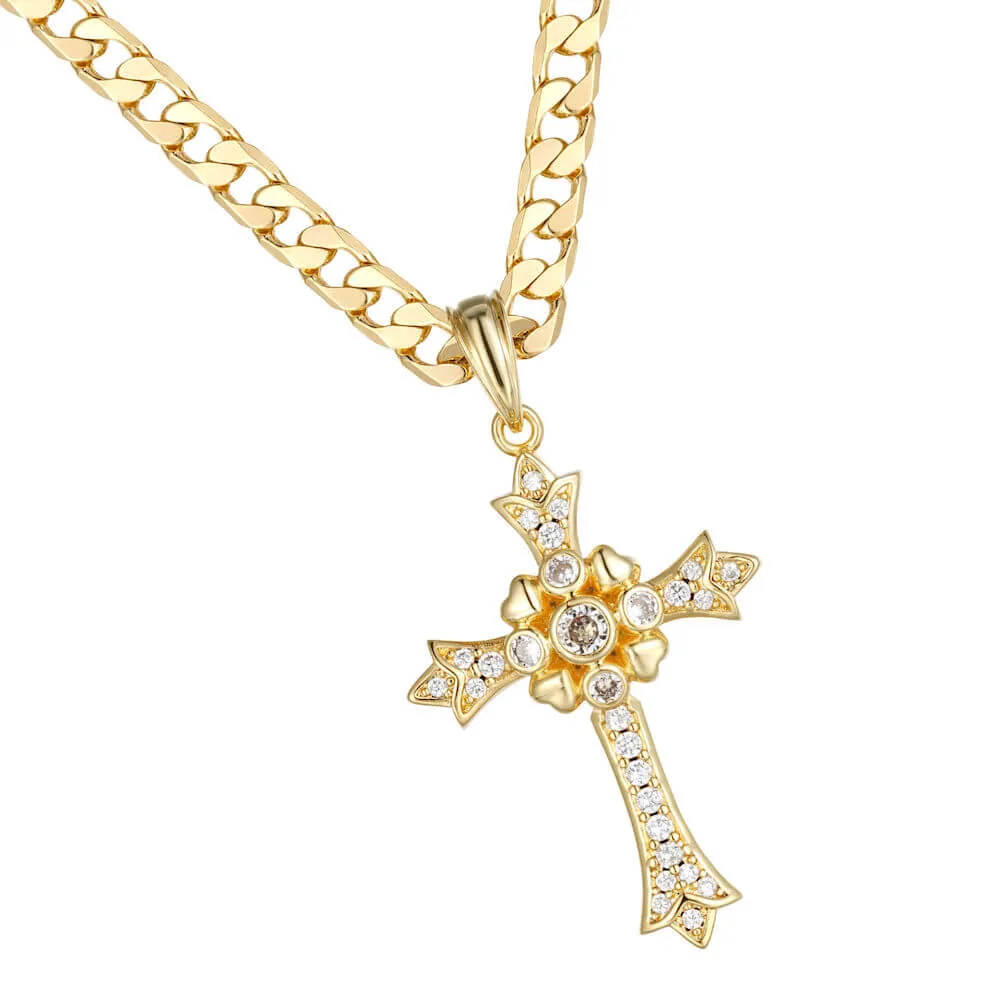 Gold Filled Bonded Gothic Cross Pendant with Stones 22 Inch 5mm Cuban Chain