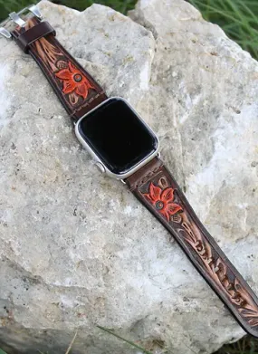 Leather Apple Watch Band Hand Carved Floral Design/Orange Flower