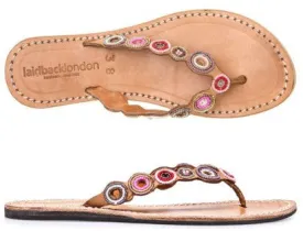 Pink Mix Beaded Mid Brown Flat Sandals